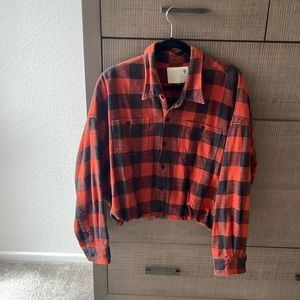R13 Red and Black Buffalo Plaid Cropped Button-Up Shirt